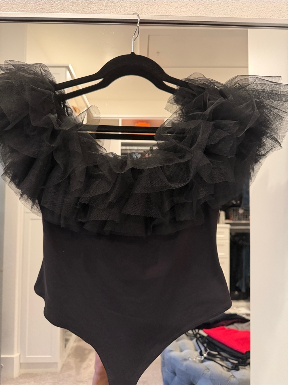 Free People Black Ruffle Tulle Off-Shoulder Bodysuit